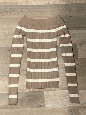 Bluenotes Taupe and White Striped Off-Shoulder Sweater